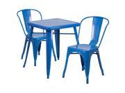 23.75 Square Blue Metal Indoor Outdoor Table Set with 2 Stack Chairs