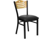 HERCULES Series Black Slat Back Metal Restaurant Chair Natural Wood Back Black Vinyl Seat