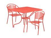 35.5 Square Coral Indoor Outdoor Steel Patio Table Set with 2 Round Back Chairs