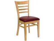 HERCULES Series Natural Wood Finished Ladder Back Wooden Restaurant Chair Burgundy Vinyl Seat