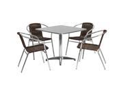 31.5 Square Aluminum Indoor Outdoor Table with 4 Dark Brown Rattan Chairs
