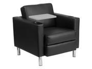 Black Leather Guest Chair with Tablet Arm Tall Chrome Legs and Cup Holder