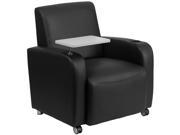 Black Leather Guest Chair with Tablet Arm Front Wheel Casters and Cup Holder
