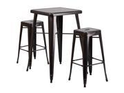 23.75 Square Black Antique Gold Metal Indoor Outdoor Bar Table Set with 2 Square Seat Backless Barstools