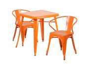 23.75 Square Orange Metal Indoor Outdoor Table Set with 2 Arm Chairs