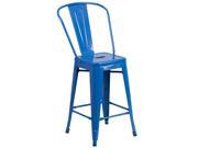 24 High Blue Metal Indoor Outdoor Counter Height Stool with Back