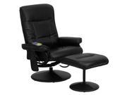 12 Massaging Black Leather Recliner and Ottoman with Leather Wrapped Base