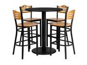 36 Round Black Laminate Table Set with 4 Wood Slat Back Metal Barstools Natural Wood Seat