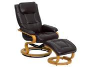 Contemporary Brown Leather Recliner and Ottoman with Swiveling Maple Wood Base By Flash Furniture