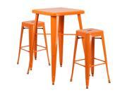 23.75 Square Orange Metal Indoor Outdoor Bar Table Set with 2 Square Seat Backless Barstools