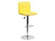 Contemporary Yellow Quilted Vinyl Adjustable Height Barstool with Chrome Base