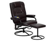 Massaging Brown Leather Recliner and Ottoman with Metal Bases