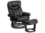 Contemporary Black Leather Recliner and Ottoman with Swiveling Mahogany Wood Base By Flash Furniture