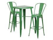 23.75 Square Green Metal Indoor Outdoor Bar Table Set with 2 Barstools with Backs