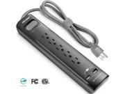 HOLSEM Surge Protector Power Strip 5 Outlets with 2 USB Charging Ports 5V 2.4A and 4 Heavy Duty Extension Cord Black