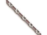 Stainless Steel Metallic Red Leather Polished Link Bracelet