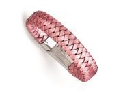 Stainless Steel Polished Metallic Pink Woven Leather Bracelet
