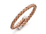 Stainless Steel Polished Adjustable Tan Woven Leather Bracelet