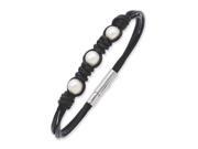 Stainless Steel Black Leather Simulated Pearls 7.75in Bracelet
