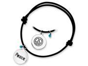 Sterling Silver Black Leather Expandable Cord Peace and Love Bracelet