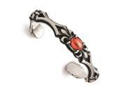 Stainless Steel Polished Antiqued Fleur De Lis Red Glass Cuff Bangle