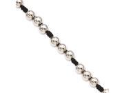 Stainless Steel Polished Beads Black Fabric 7.5in Bracelet