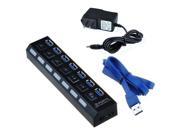 Black 7 Port USB 3.0 Hub On Off Switches AC Power Adapter Cable for PC Laptop