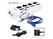 White 4 Port USB 3.0 Hub On Off Switches AC Power Adapter Cable for PC Laptop