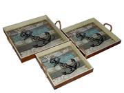Home Square Nautical Anchor White Trays with Side Rope Handles And Map Pattern Center Set of 3