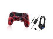 eForCity PS4 Controller Camouflage Navy Red Silicone Skin Case with FREE Black Headset with Microphone Compatible with Sony PlayStation 4 PS4