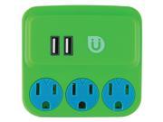 GE 25113 Uber TM 3 Outlet Power Tap with 2 USB Ports Green Blue