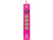 GE 25118 Uber TM 4 Outlet Power Strip with 2 USB Ports 4ft Cord Pink Green
