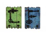 BENZARA 34914 Stylish and Rustic Wood Metal Hooks Set of Two with Imprinted Stamps and Writings