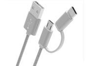 2in1 Micro USB Type C Adaptor Charger Charging Cable Phone USB C Woven Line for Samsung Huawei LG HTC Nokia Lumia Chromebook Macbook Silver Grey 3.3Feet