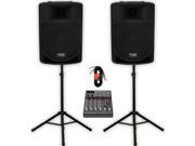 Podium Pro Audio PP1506A Battery Powered 15 MP3 Speakers Mixer Stands and Cables 1800 Watt PP1506ASET4