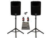 Podium Pro PP1503A Powered 15 PA DJ Speakers with Bluetooth 12 Channel Mixer Stands and Cables