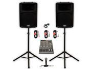 Podium Pro PP1503A Powered 15 PA DJ Speakers with Bluetooth 12 Channel Mixer Mic Stands and Cables