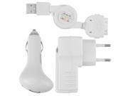 3 in 1 USB Cable Wall Plug Car Lighter Adapter Charger Kit for iPhone 3S 3 White