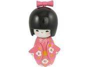Wooden Bowtie Decor Smiling Girl Pink Kimono Japanese Kokeshi Doll Toy