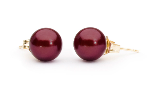 The Pearl Outlet 8mm 14k Gold Posts AAA Cranberry Red Freshwater Pearl Earrings