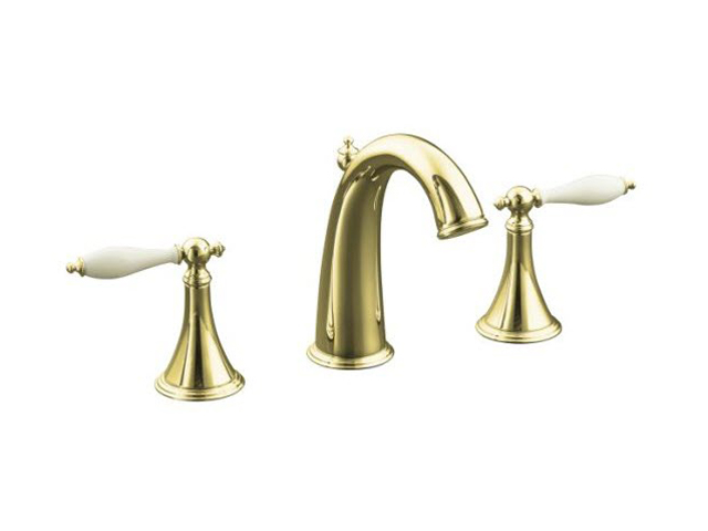 KOHLER K 310 4F PB 8" Widespread Finial Traditional Widespread Lavatory Faucet w/ Lever Handles & Biscuit Inserts Polished Brass