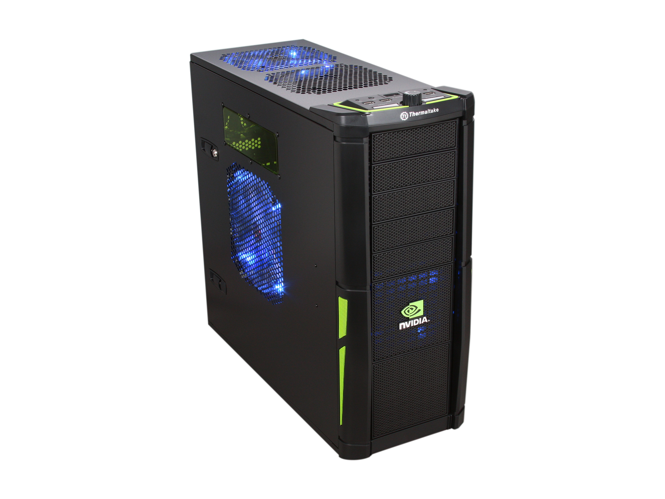 Thermaltake VL200L1W2Z NVIDIA Edition Black and Green Lining ATX Full Tower Gaming Computer Case w/ 2x 120mm Fan (Front & Rear), 1x Front Colorshift LED 120mm Fan, 1x Top Colorshift LED 200mm Fan, 1x Side Colorshift LED 230mm fan & 1x D