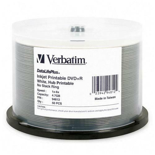 Verbatim DataLifePlus 4.7GB 8X DVD+R White Inkjet Printable, Hub Printable 50 Packs Spindle Disc Model 94812
