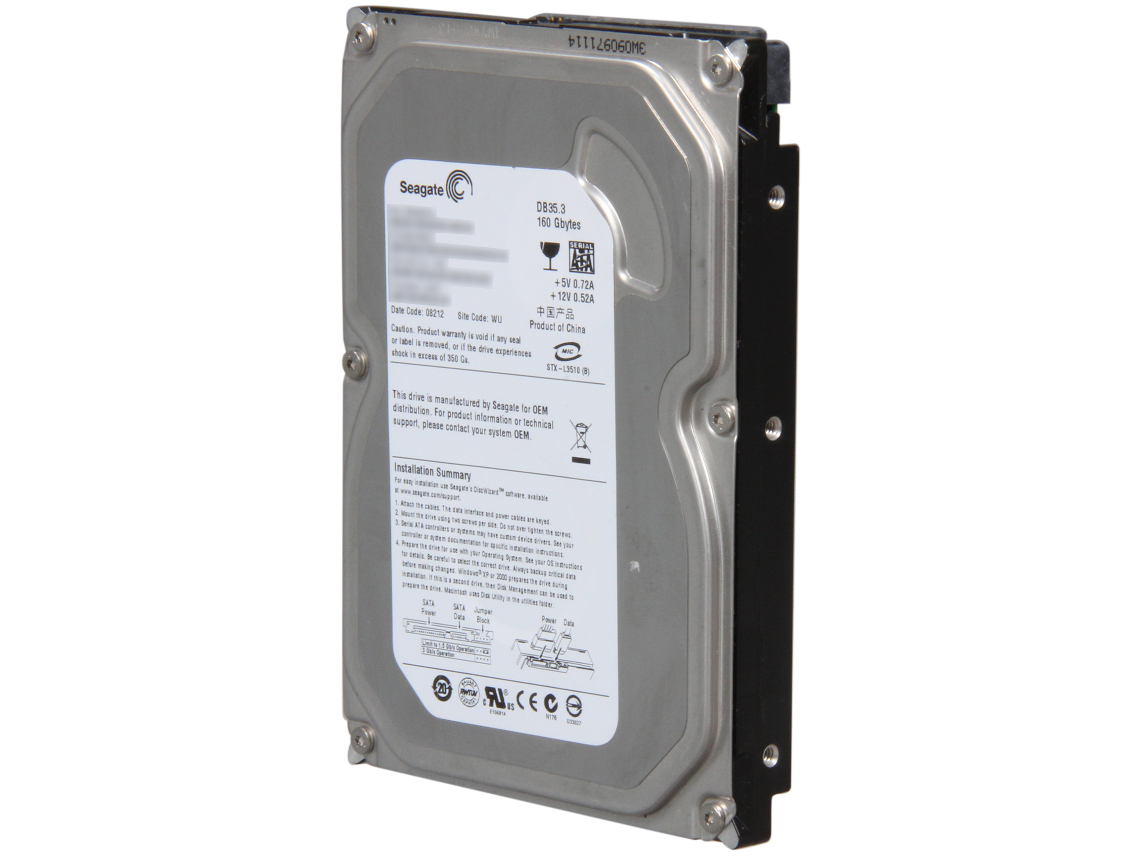 Refurbished Seagate DB35.3 Series ST3160215SCE 160GB 7200 RPM 2MB Cache SATA 3.0Gb/s 3.5" Internal Hard Drive Bare Drive