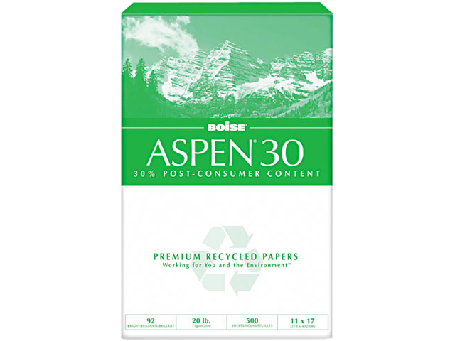 Boise 054907 ASPEN 30% Recycled Office Paper, 92 Bright, 20lb, 11 x 17, White, 2500 /Carton