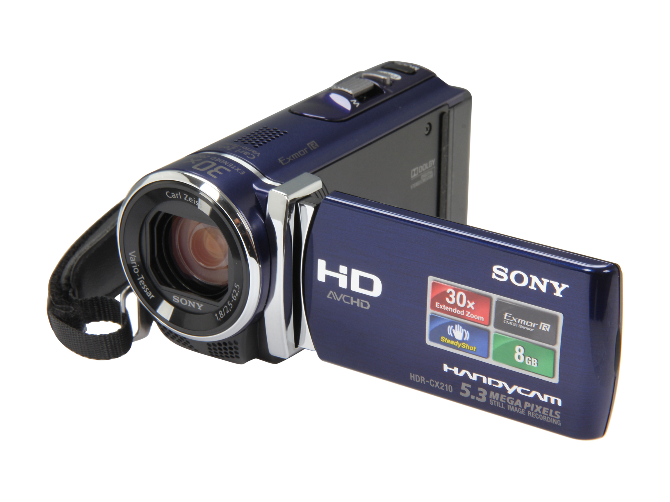 Sony HDR CX210 1920x1080 Full HD Camcorder   5.3 MegaPixels, 1/5.8" CMOS, 2.7" Touch Screen LCD, 300x Digital, 25x Optical, 8GB Internal, SD Card Slot, HDMI, USB, Blue