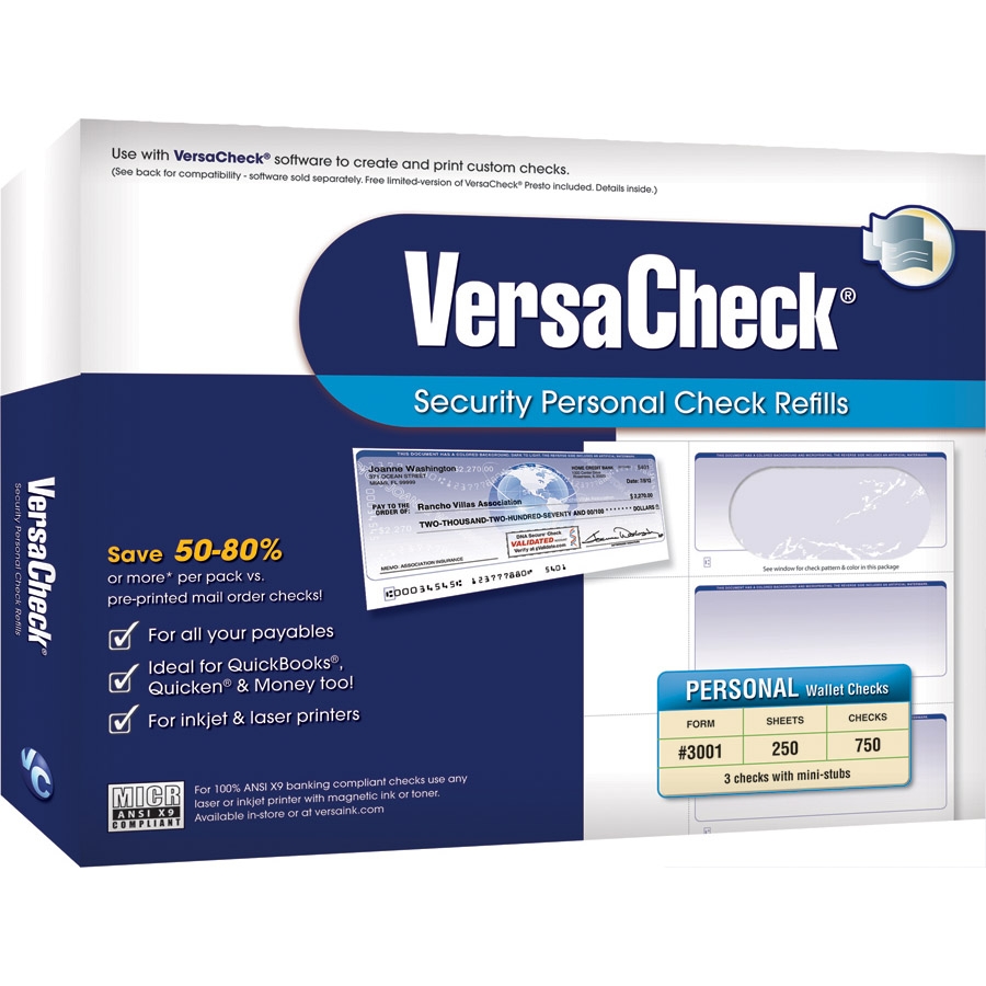 VersaCheck Form #3001 Personal Wallet Security Check Refills   Blue   Prestige (250 Sheets/750 Checks)