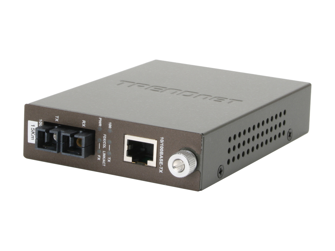 TRENDnet TFC 110S15 100Base TX to 100Base FX Single Mode SC Fiber Converter (15KM, 9.3Miles) 100Mbps (half duplex) 200Mbps (full duplex) 1 x 10/100Base TX 1 x 100Base FX (SC type)