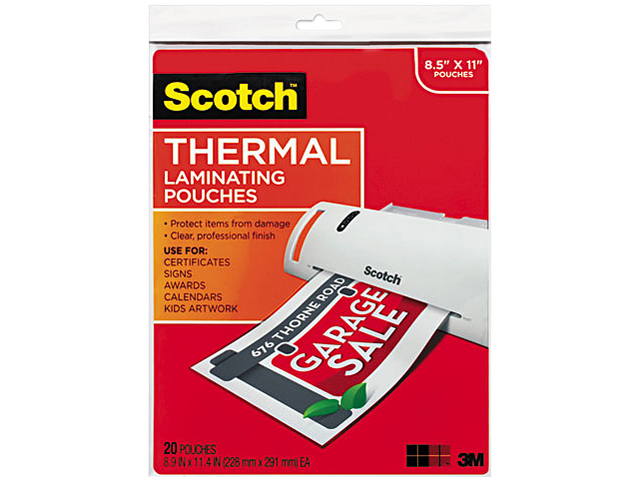 TP3854 20 Scotch Letter size thermal laminating pouches, 3 mil, 11 1/2 x 9, 20/pack