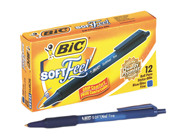 BIC SCSF11 BE Soft Feel Ballpoint Retractable Pen, Blue Ink, Fine, Dozen
